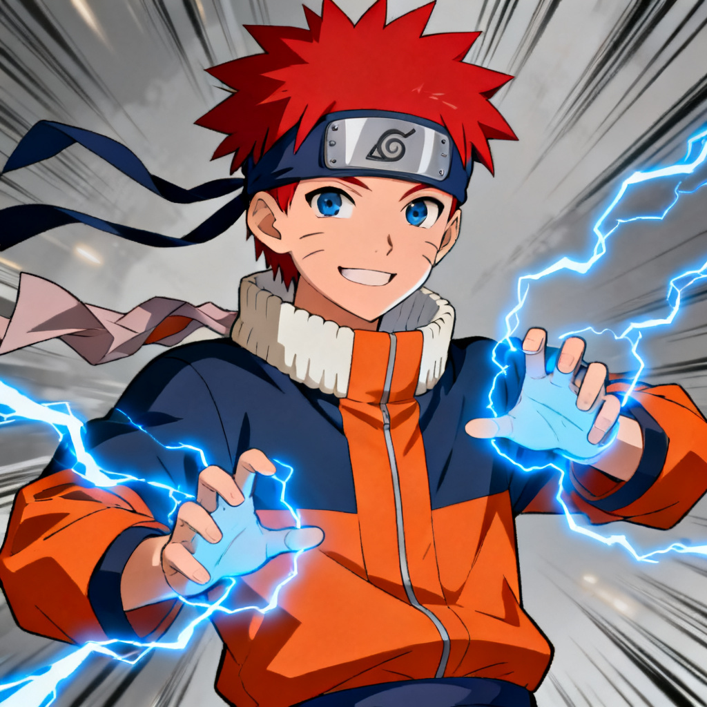 AI Naruto OC portrait with red hair, leaf village headband, blue lightning chakra