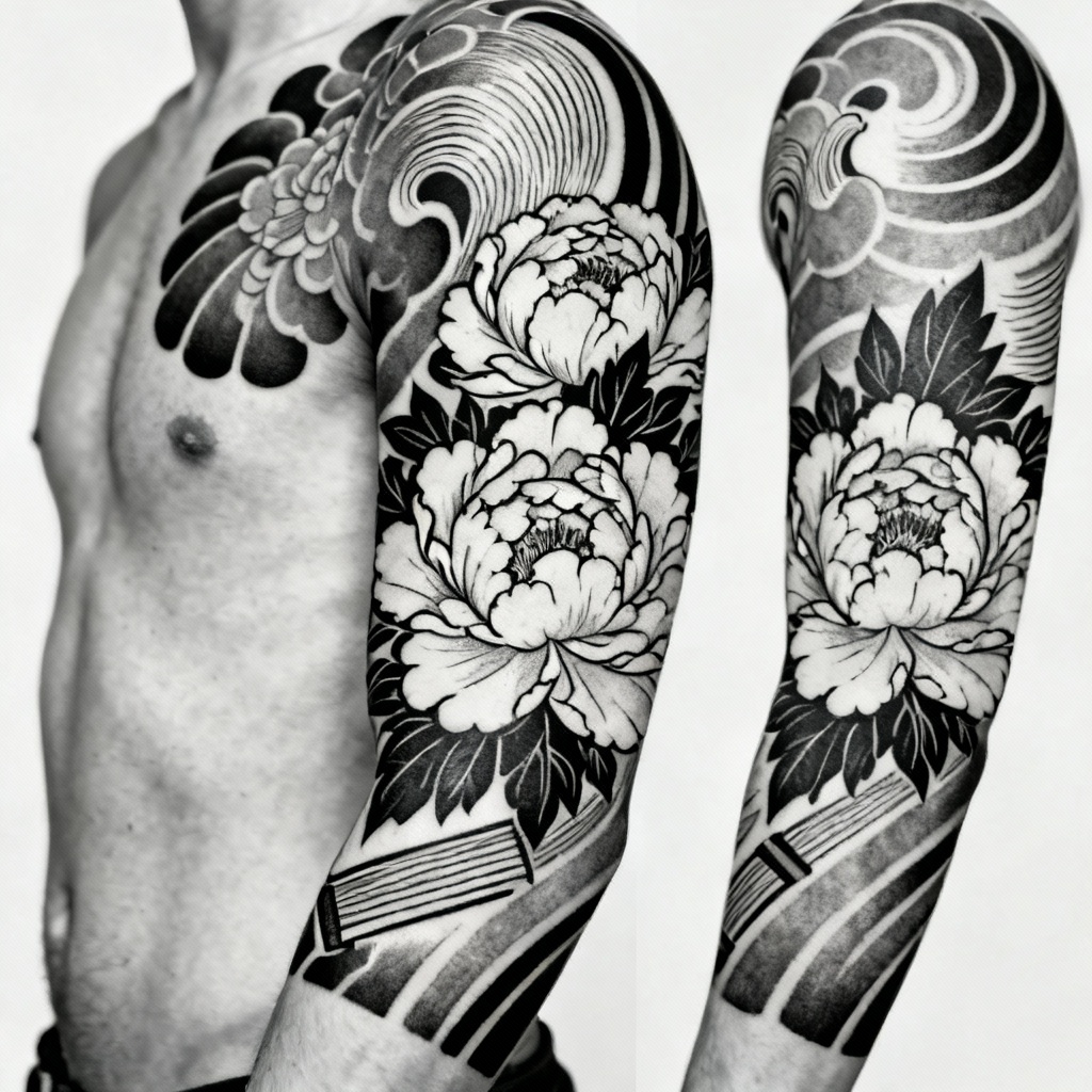 Japanese inspired peony half sleeve with wind bars