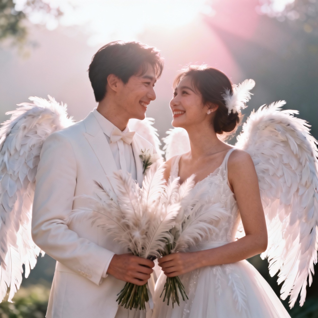 Bride and groom with white angel wings in soft backlight