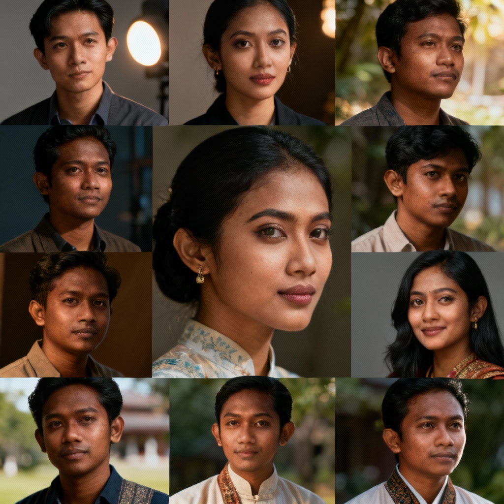 Collage of diverse AI Asian portraits in different styles and outfits