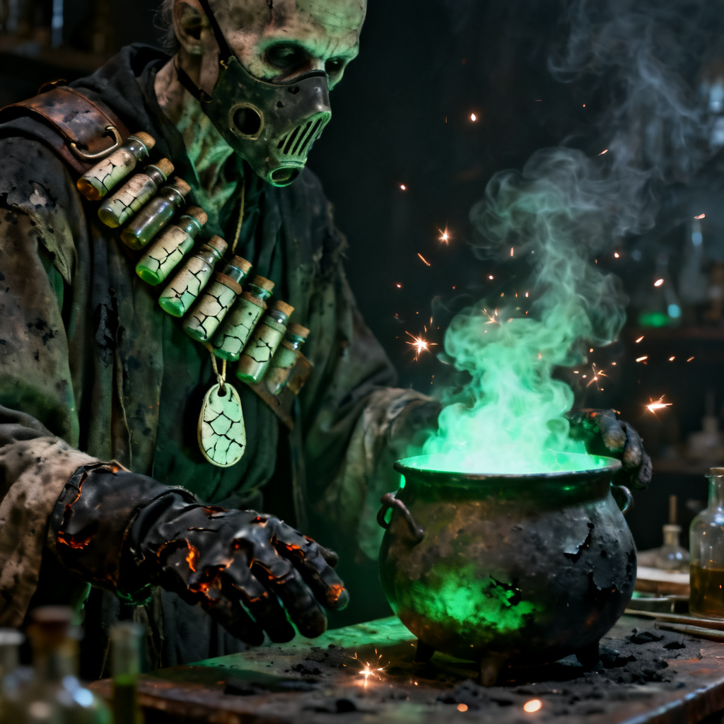 Forsaken OC plague alchemist mixing glowing toxins