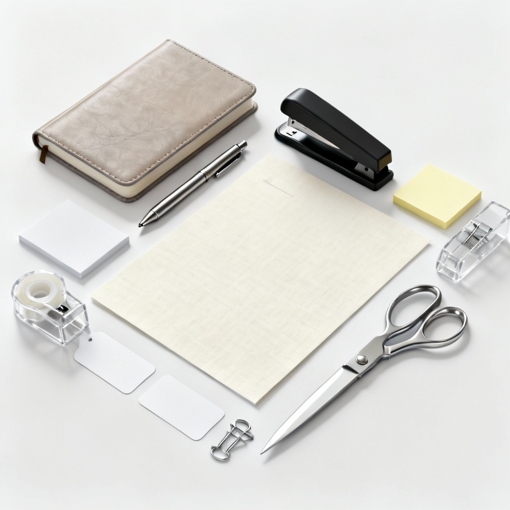 Minimal flat lay of branded stationery set on white background