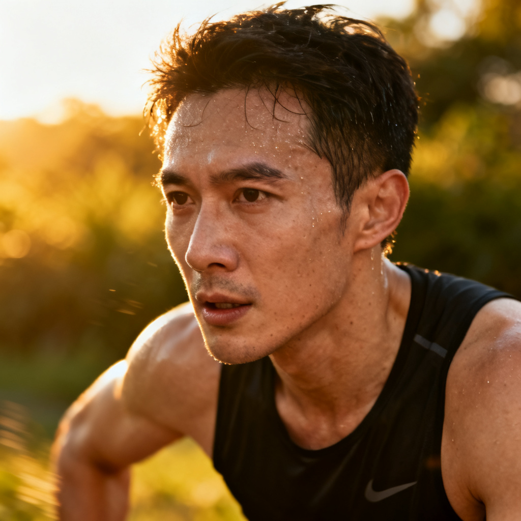 Athletic male portrait de-aged with AI