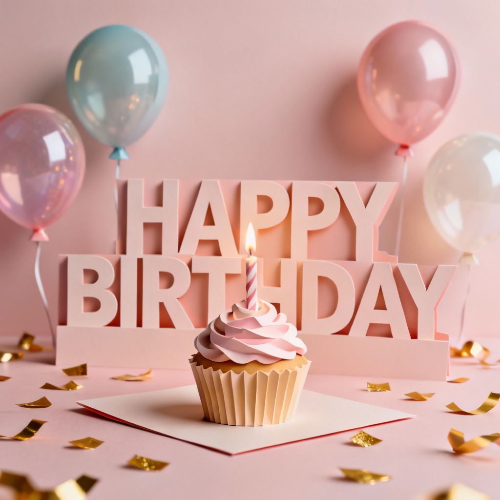 3D confetti birthday card with balloons and cake