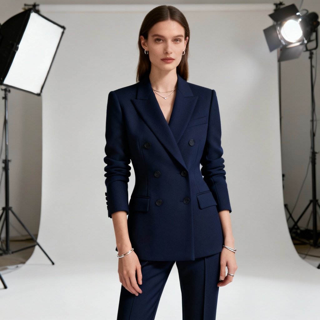 AI women’s tailored navy blue double-breasted suit