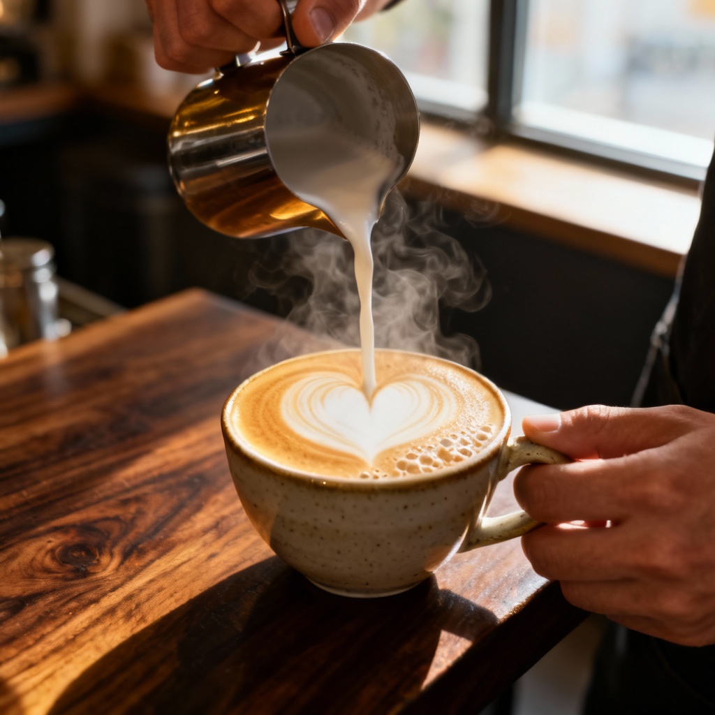 Close-up AI image of latte art heart pour