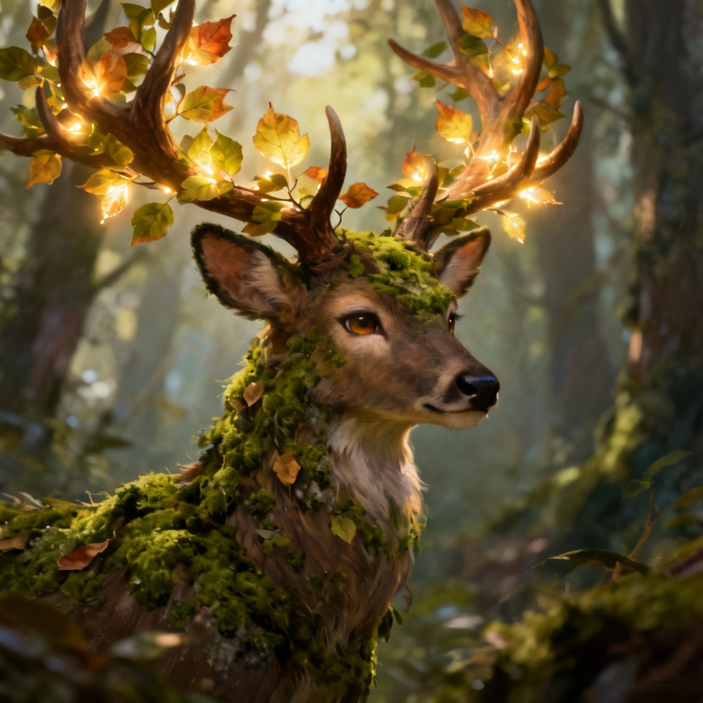 AI deer fursona portrait with glowing antlers and forest theme