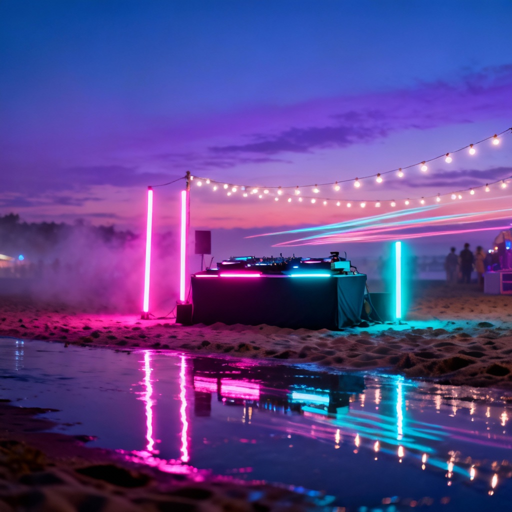 Neon-lit beach party at twilight with DJ booth