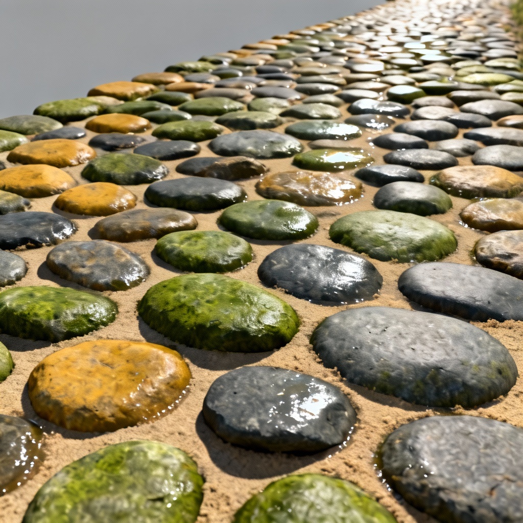 AI river pebble cobblestone path with wet look and varied stones