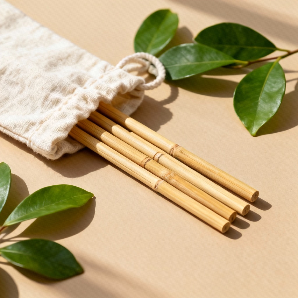 AI image of bamboo straw set with cotton pouch and green leaves