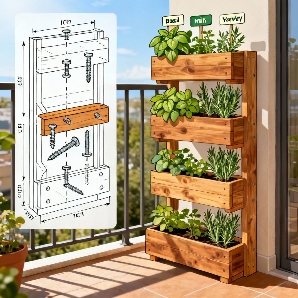 AI compact balcony herb garden with tiered planter blueprint
