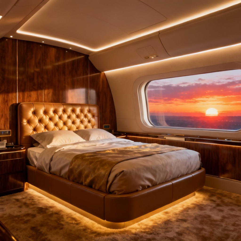 AI luxury private jet bedroom suite with warm ambient lighting