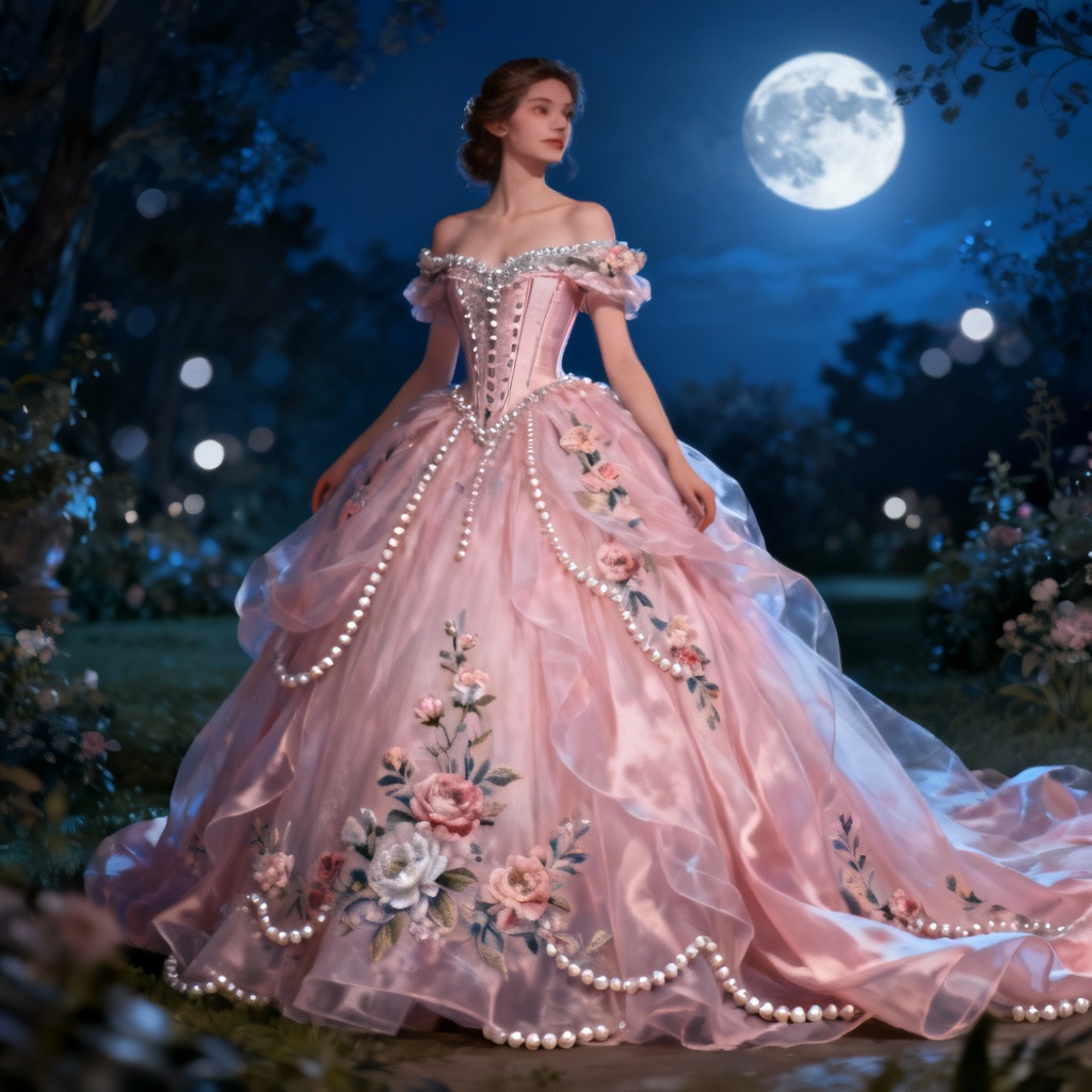 AI princess dress in a flowing floral ball gown at a moonlit garden