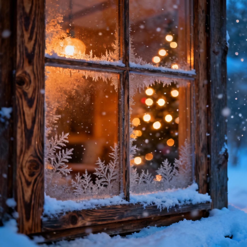 AI rustic cabin window lights background with frosted glass