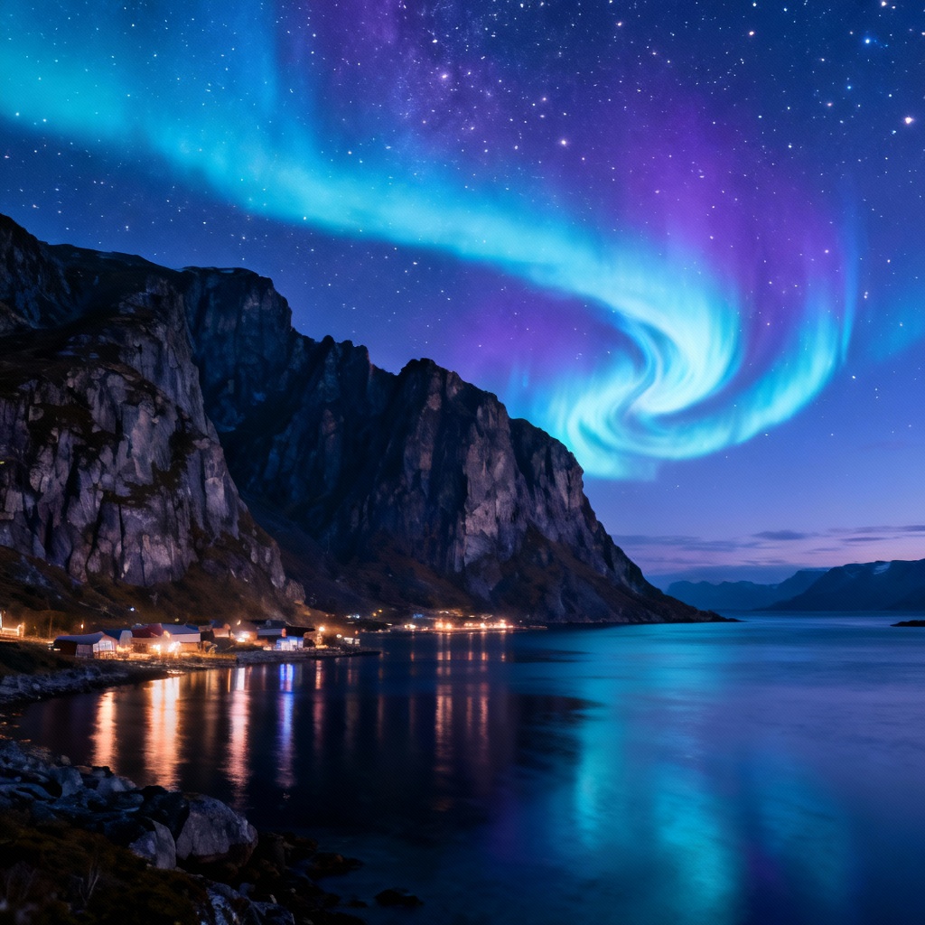 AI aurora borealis over fjord with village lights