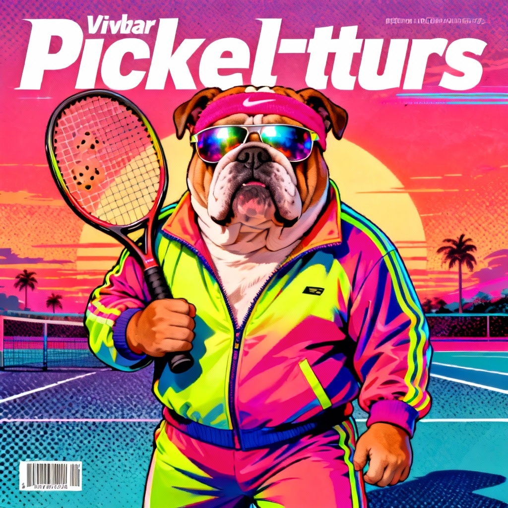 Bulldog in retro 80s pickleball tracksuit