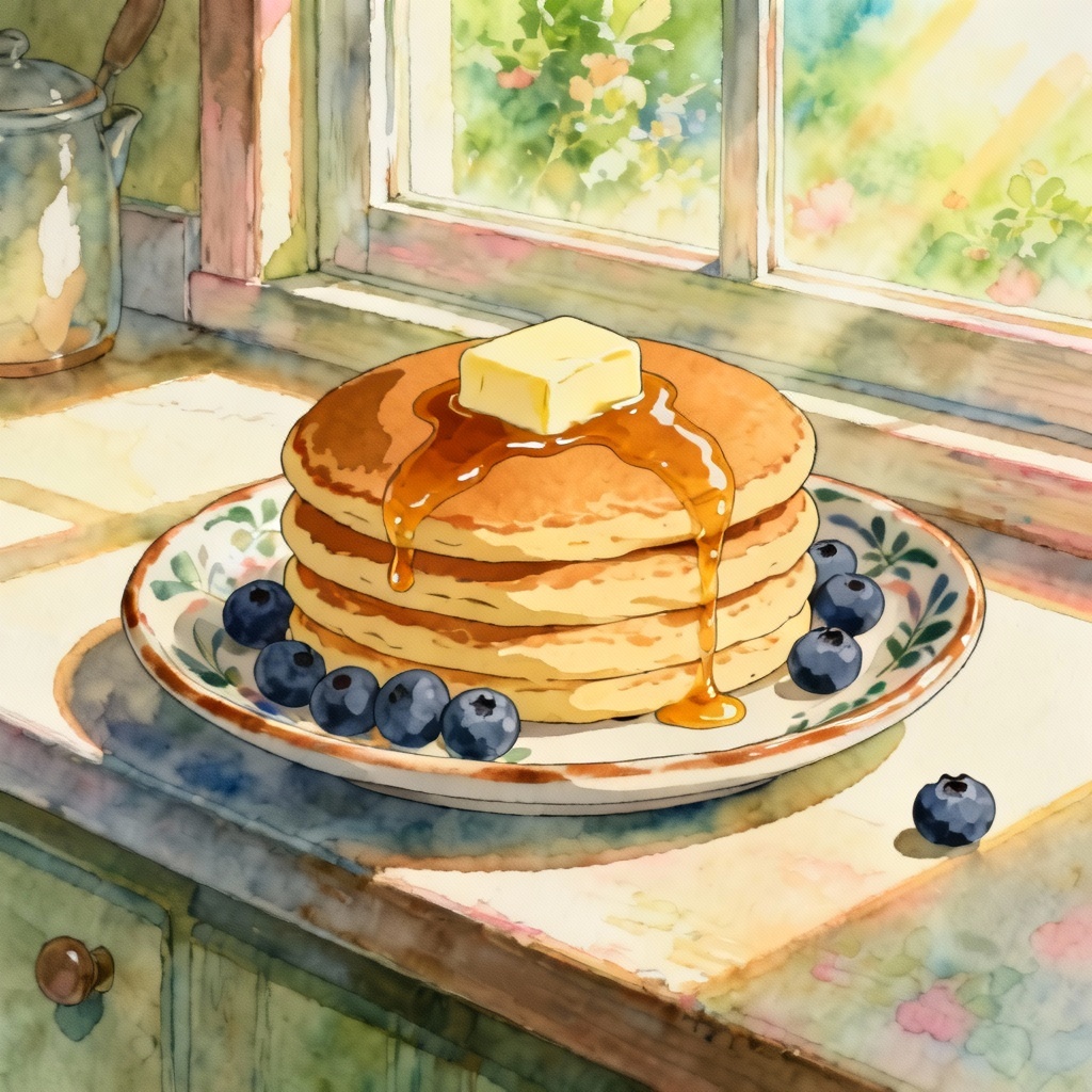AI ghibli pancake stack with syrup and blueberries