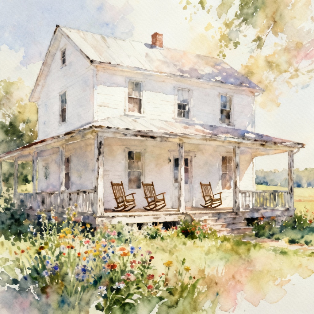 AI watercolor country farmhouse with wraparound porch