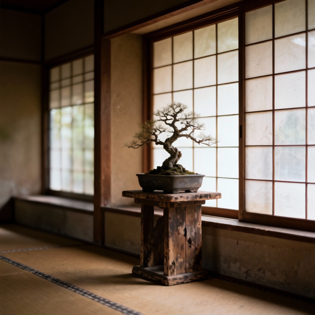 Minimal bonsai on tatami with soft shoji light