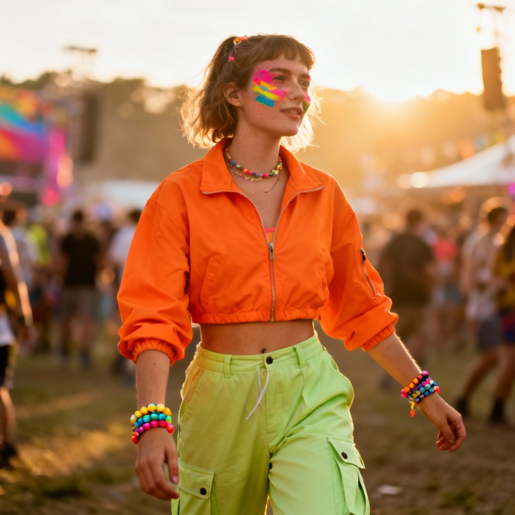 AI dopamine girl festival outfit with color splash and playful makeup