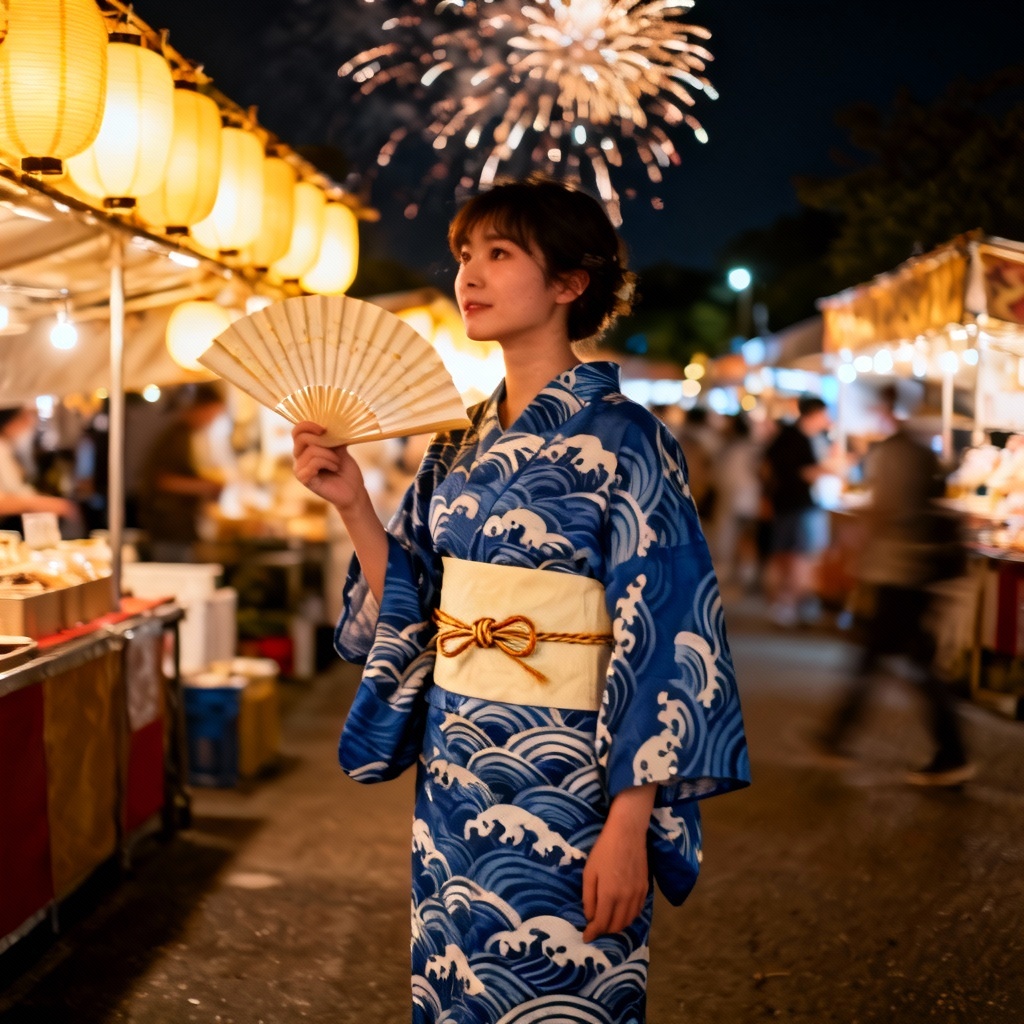 AI yukata with seigaiha pattern at night festival