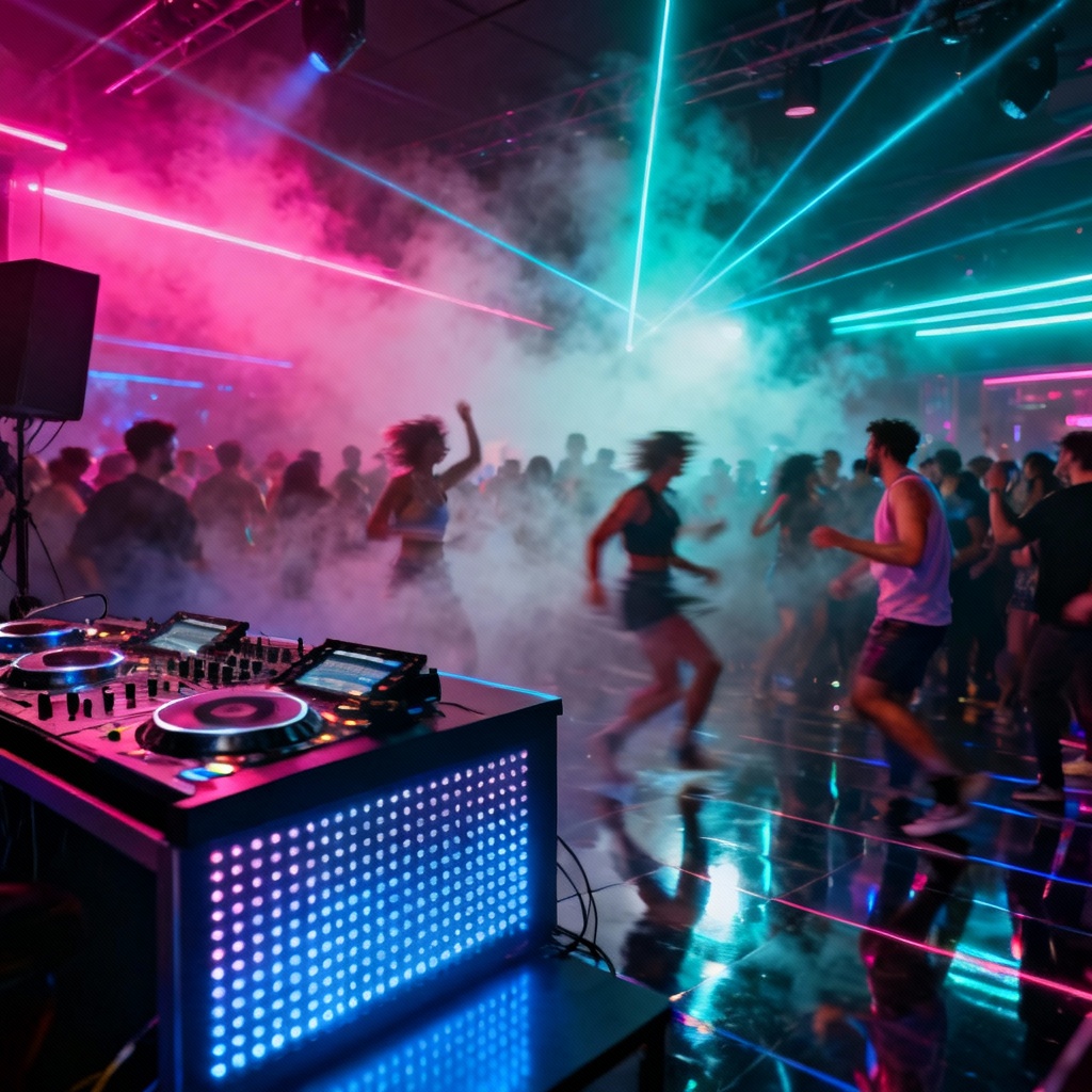 AI-generated neon nightclub with DJ booth, lasers, and dancing crowd