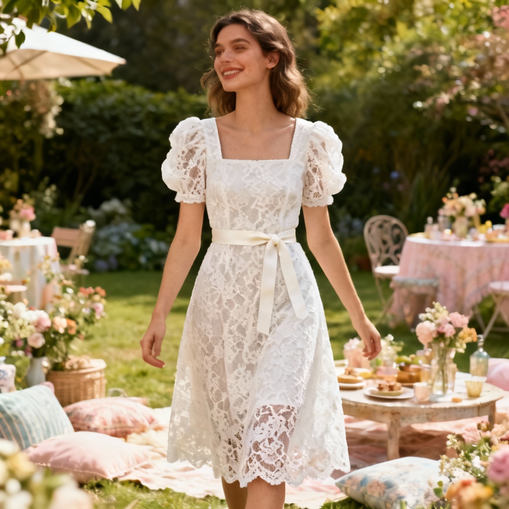 AI Romantic White Lace Garden Party Dress