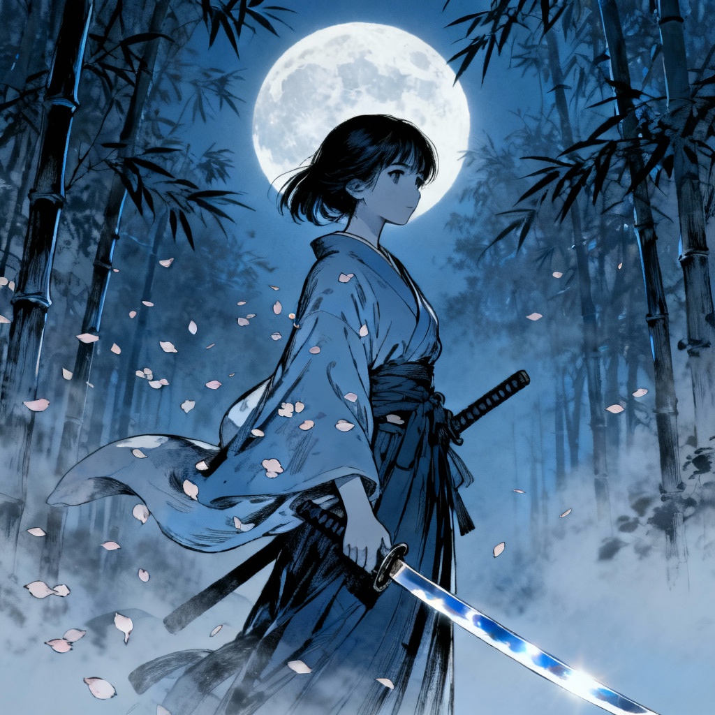 AI anime girl samurai under moonlit bamboo grove