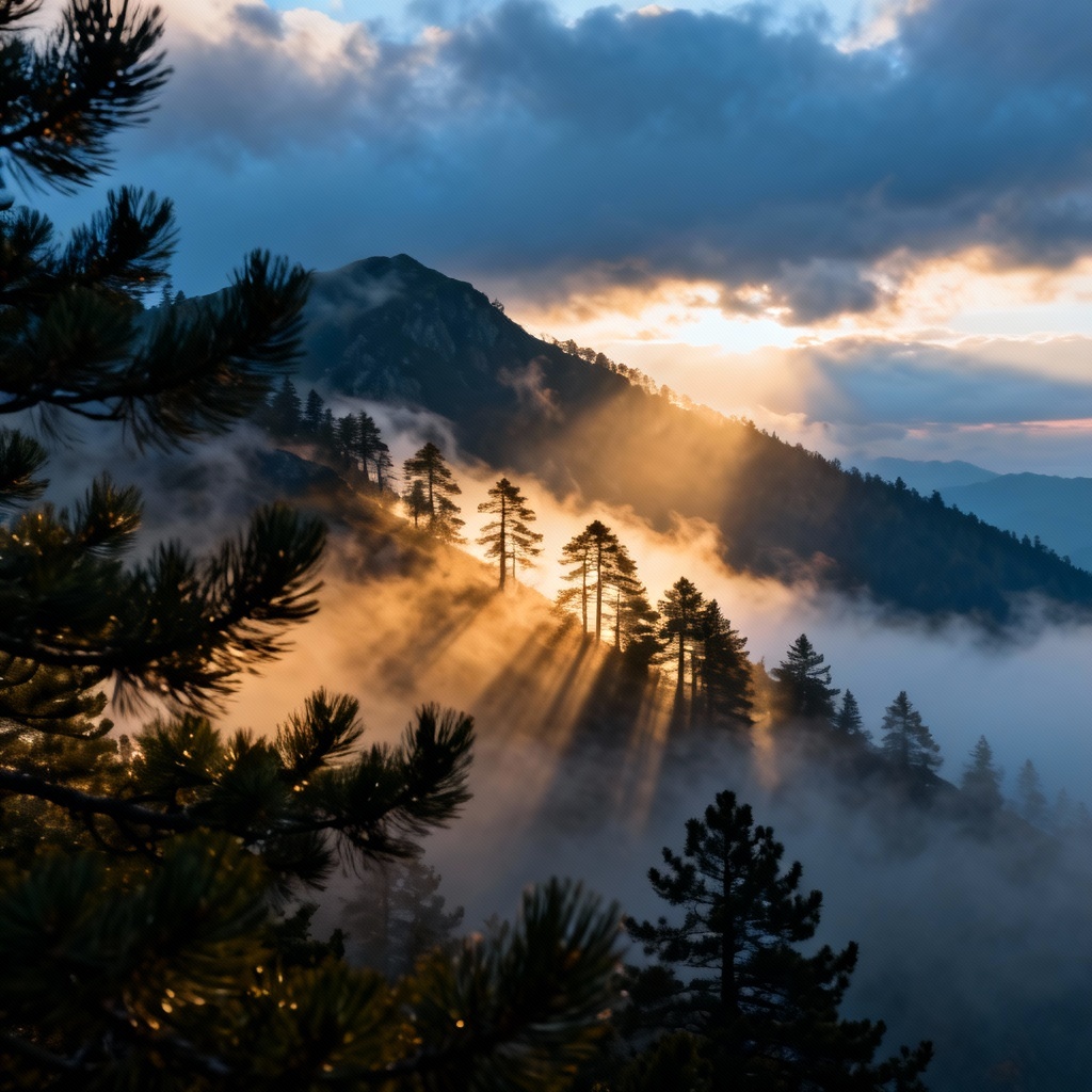 AI moody morning fog and low stratus over pine mountains