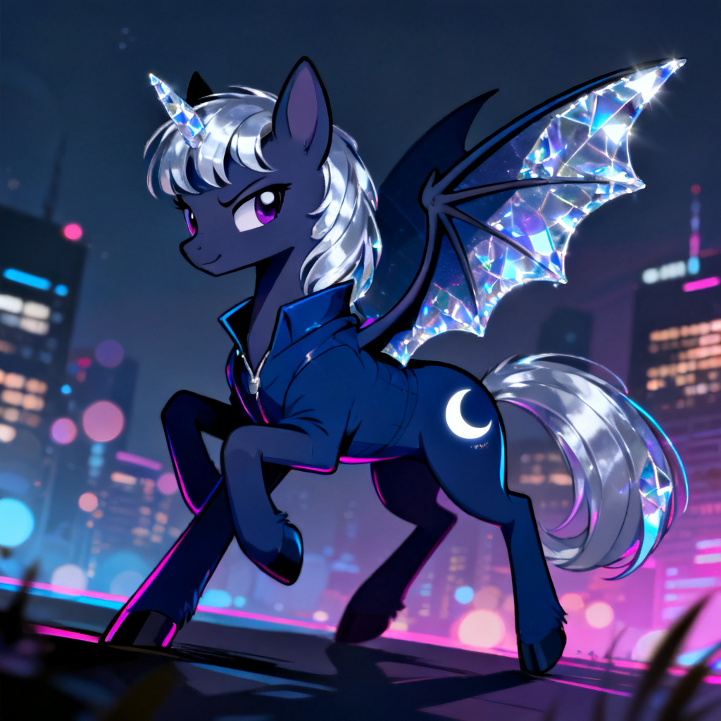 Bat pony OC with crystal wings in a night scene