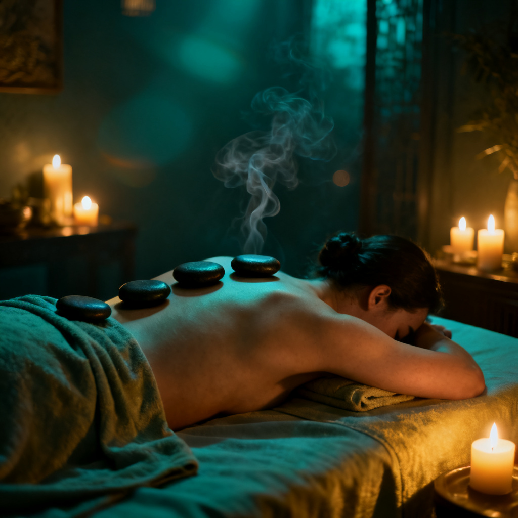 AI hot stone massage in candlelit spa setting