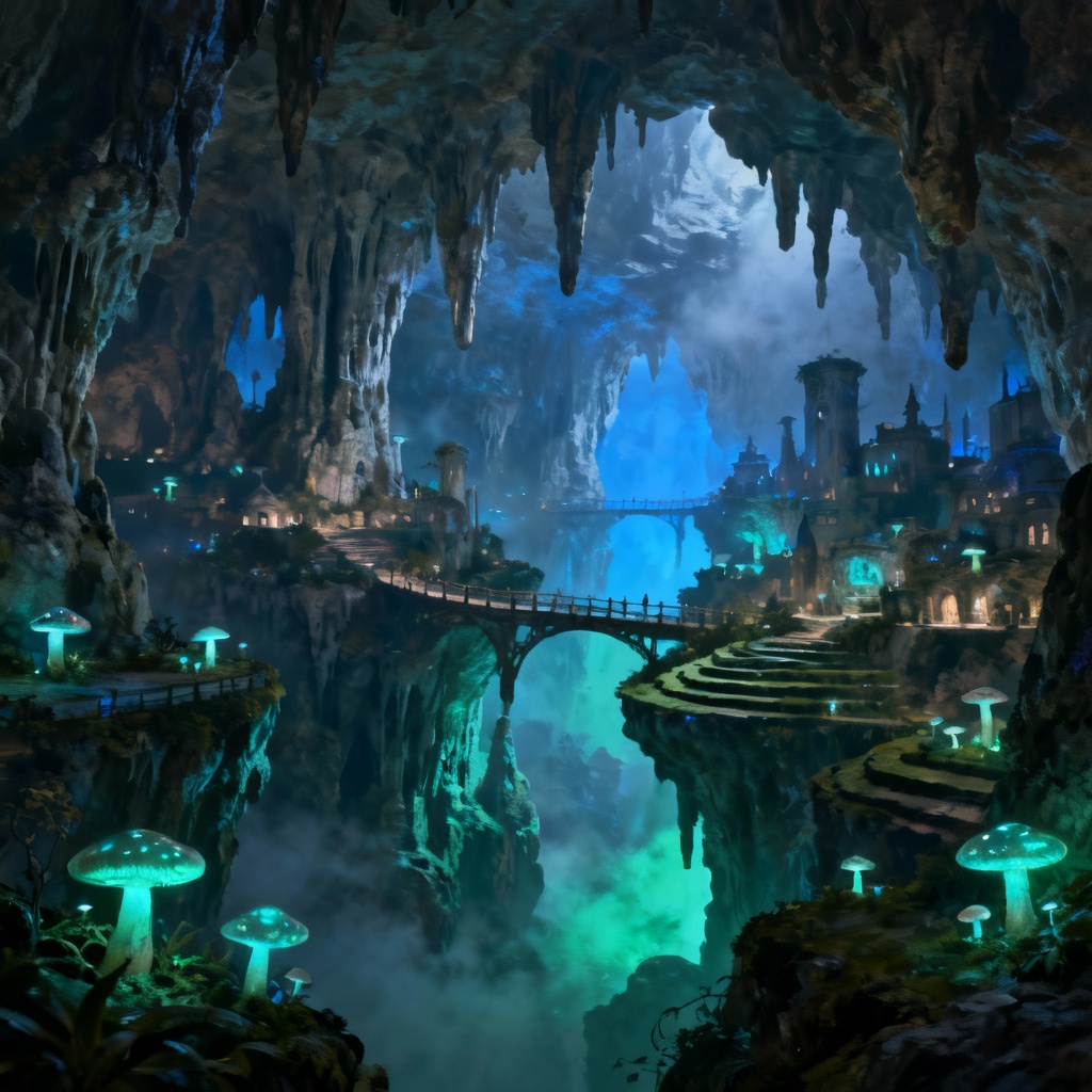 AI fantasy grotto city with bioluminescent mushrooms