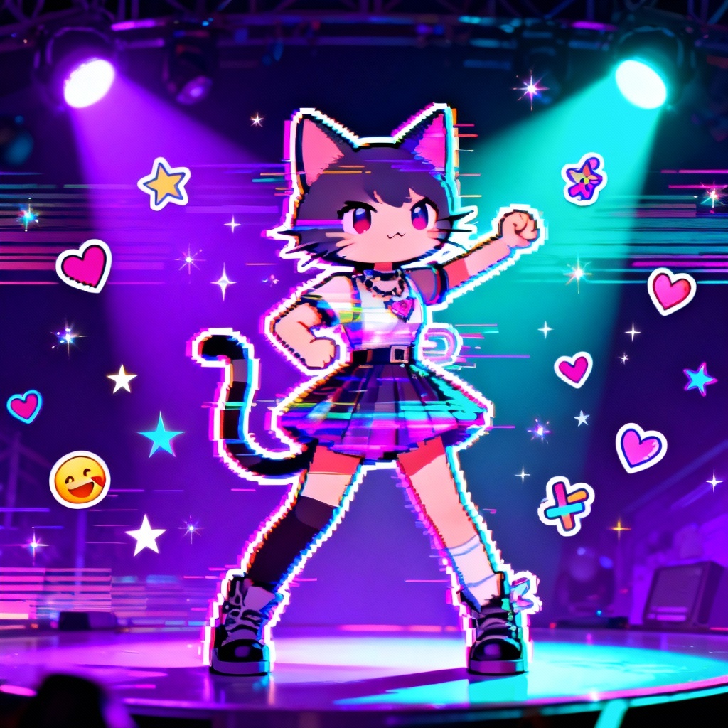 AI glitchcore brainrot cat idol with vaporwave effects
