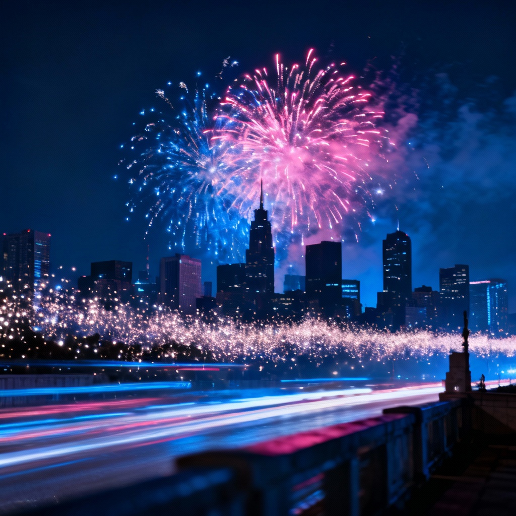 AI cityscape with fireworks sparkle and glitter dust