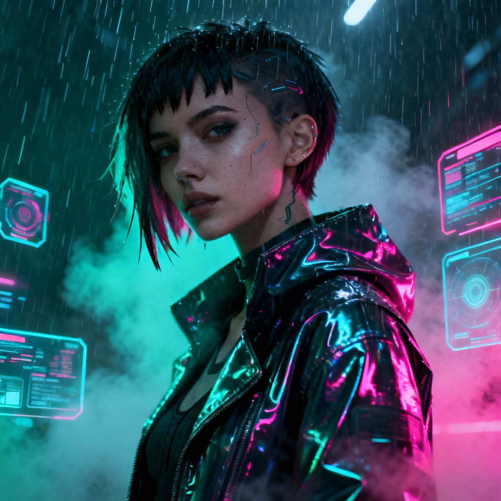 Cyberpunk girl avatar with neon jacket and rain