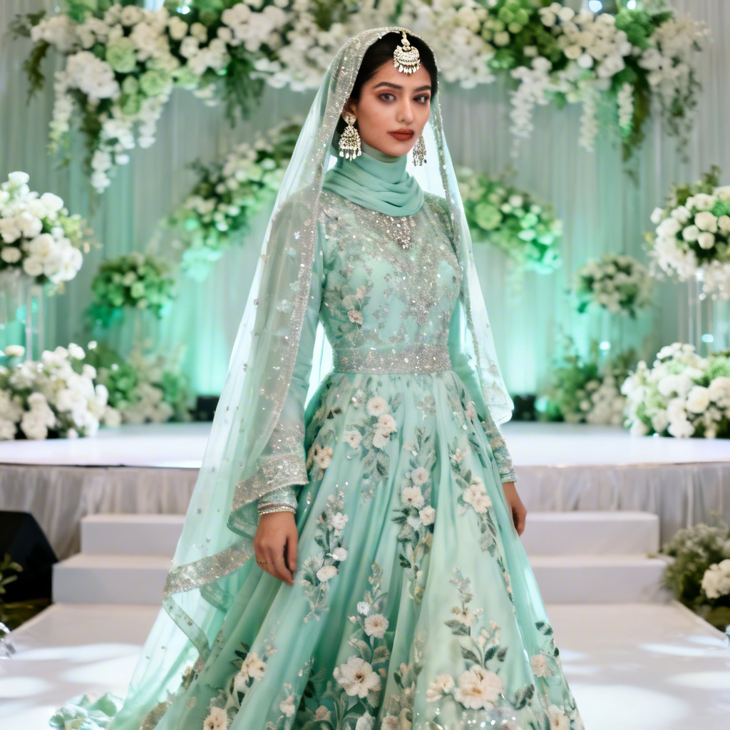 AI Muslim nikah bridal portrait in pastel sharara