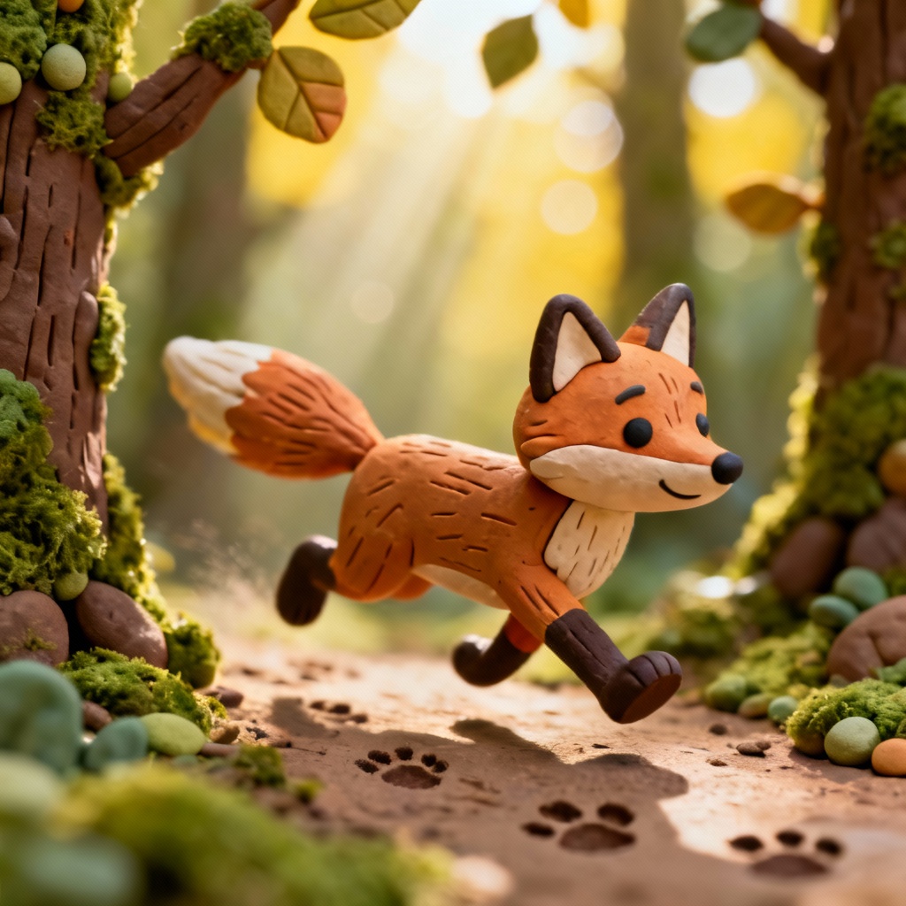 AI clay fox loop in a mossy forest