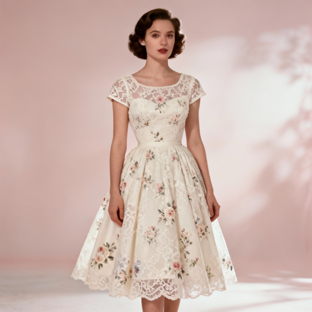 AI vintage ivory lace tea dress with A-line silhouette