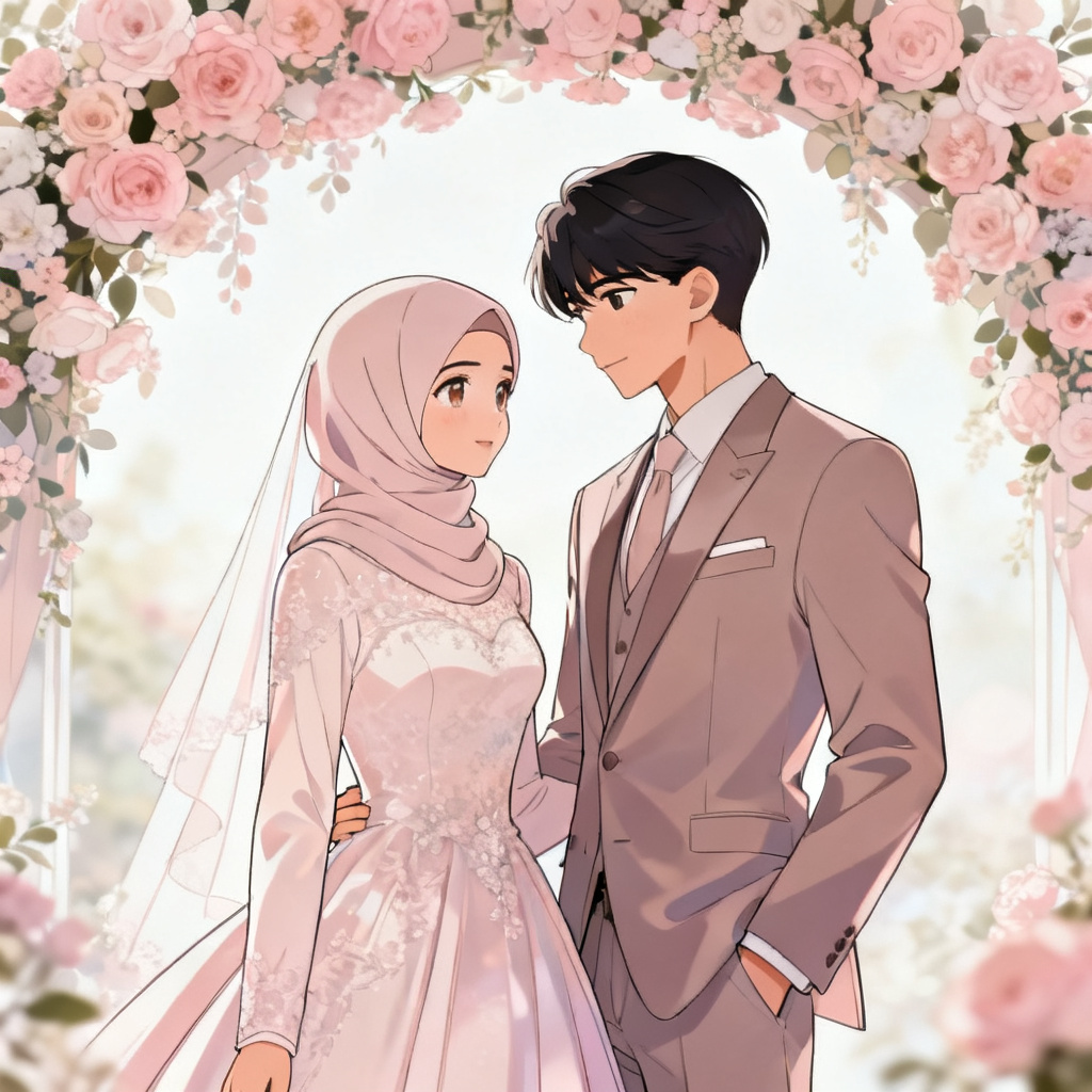 Anime couple artwork for a nikah invite in pastel florals