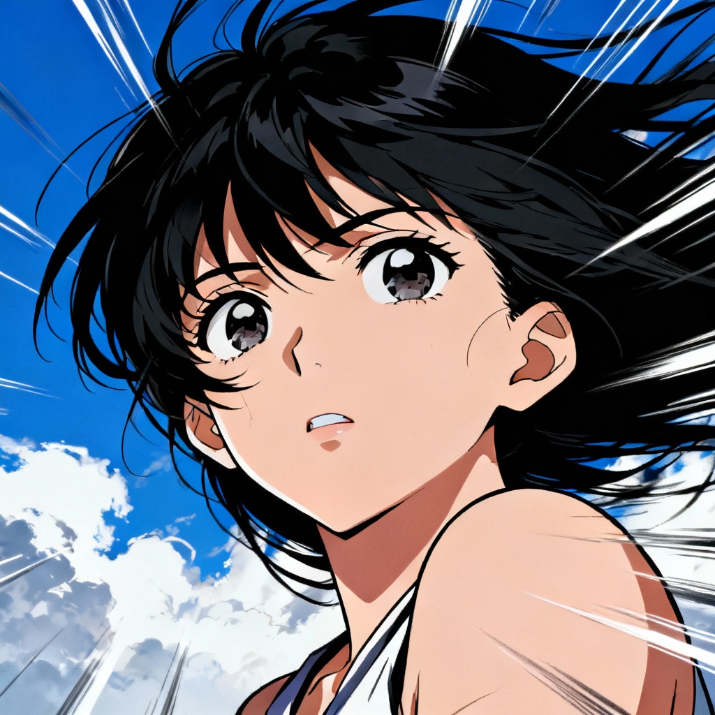 Anime character with dramatic wind-blown black hair