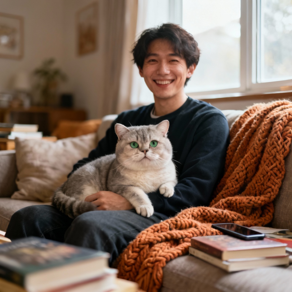 AI me and cat selfie on a cozy couch