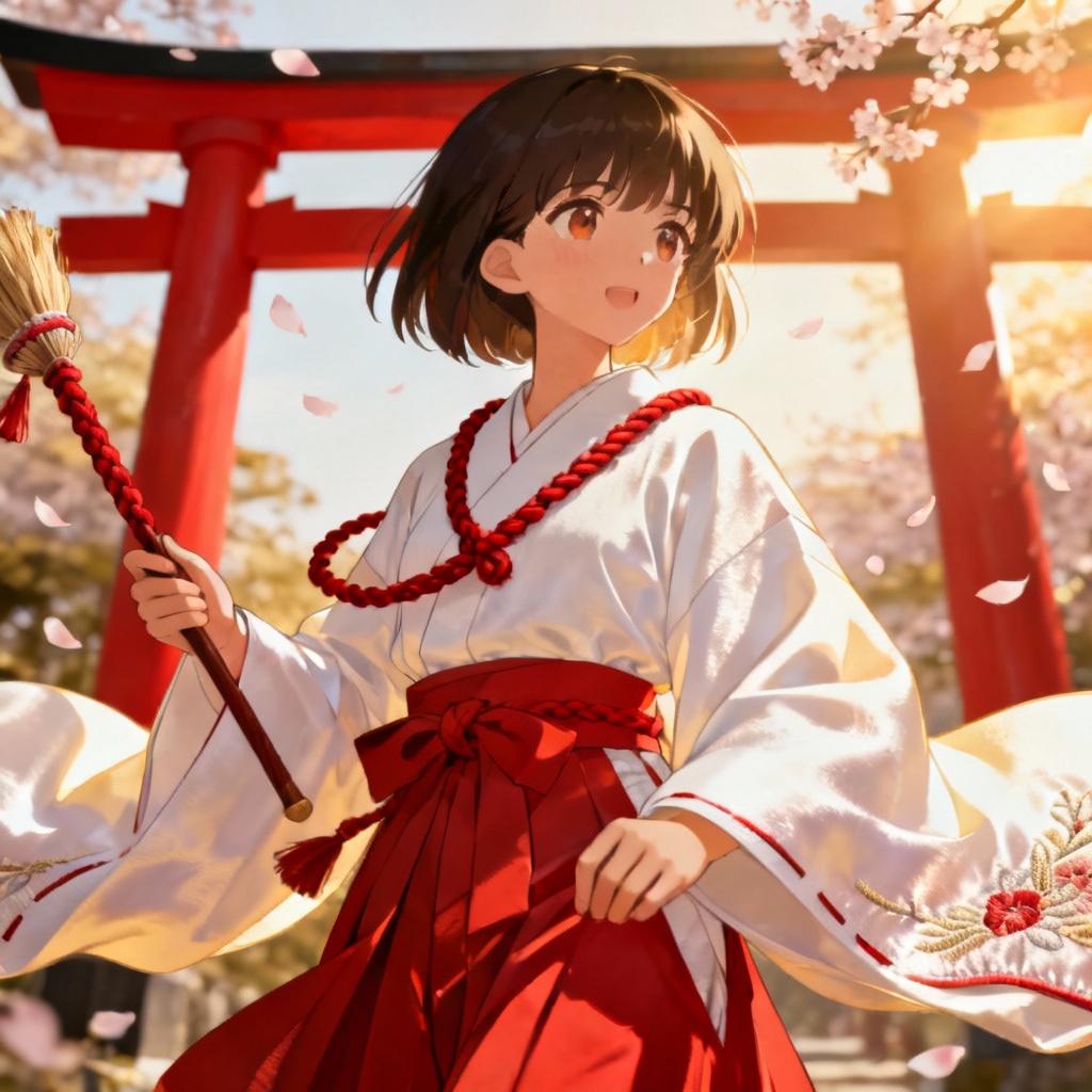AI miko outfit concept with white kimono top and red hakama before a torii gate