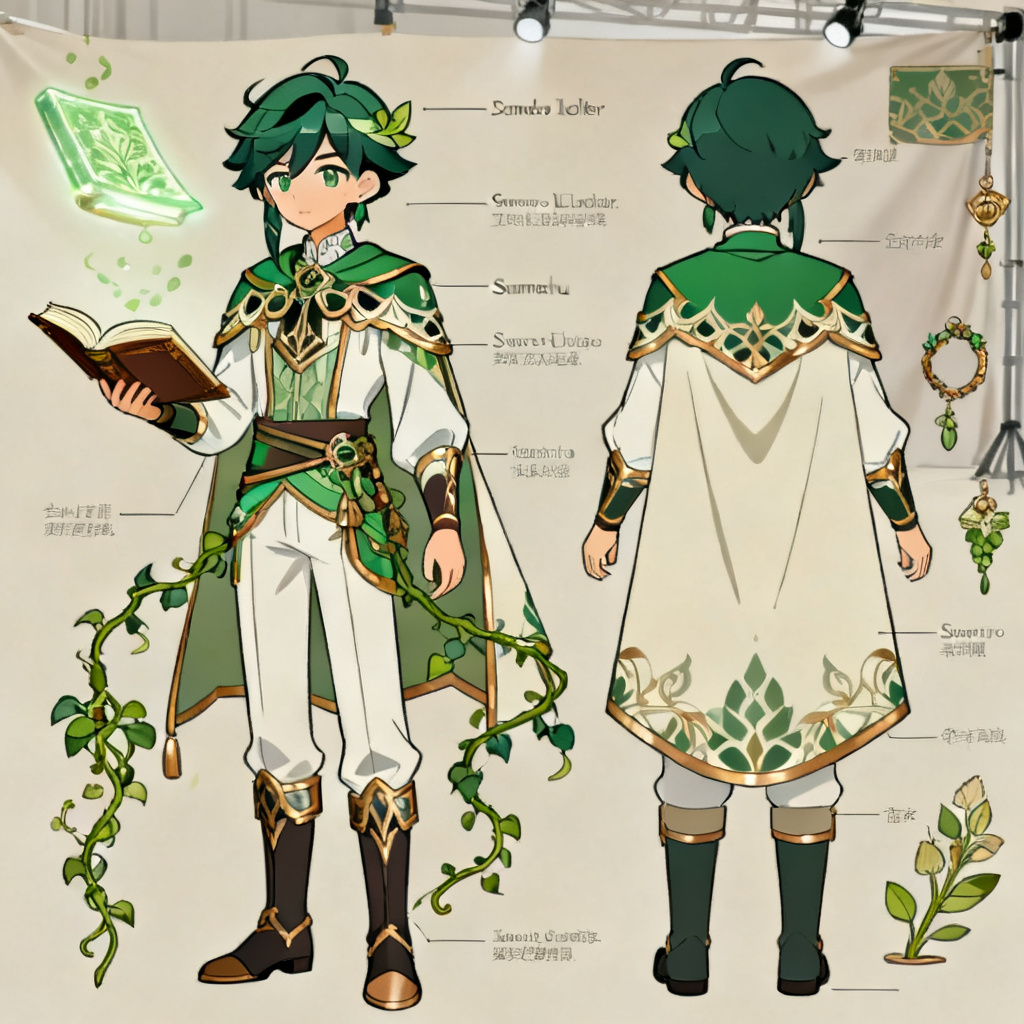AI Genshin OC character sheet of a Sumeru Dendro scholar