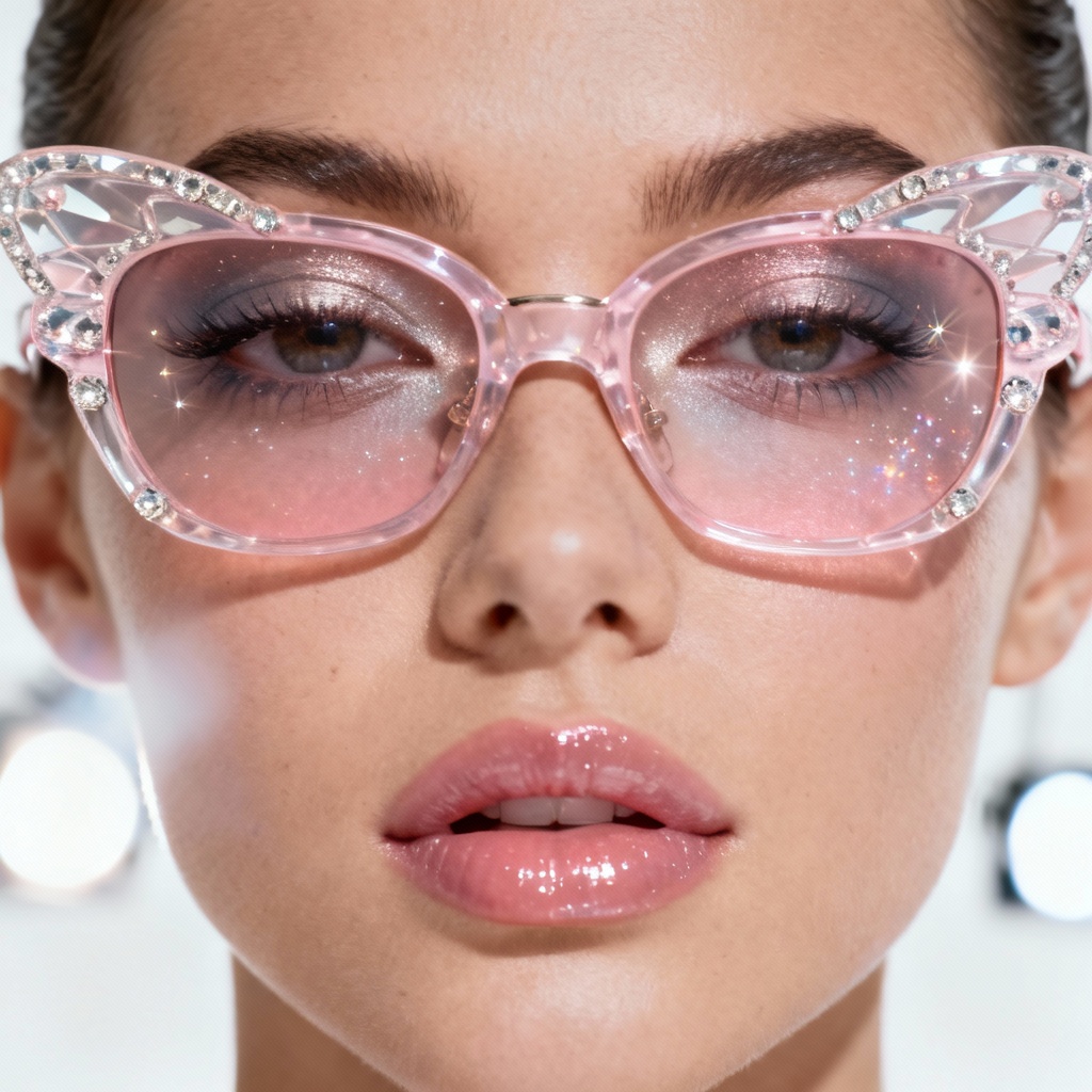 Rhinestone butterfly sunglasses on a glam Y2K look