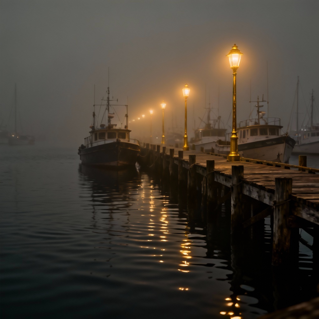 AI foggy harbor night with boats and lamps
