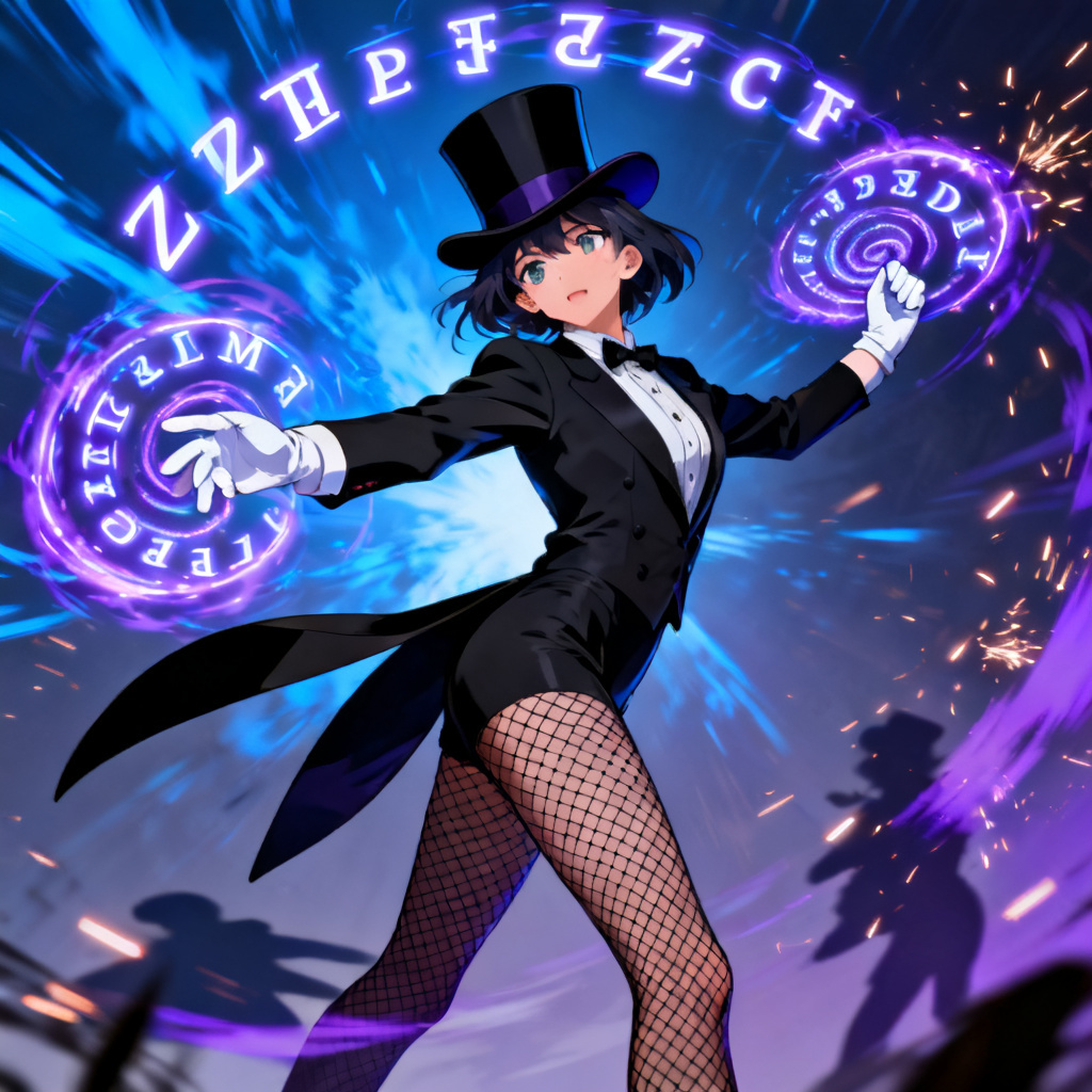 AI Zatanna-style action pose with reversed glowing spell letters
