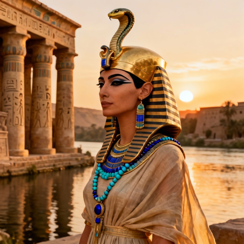 AI Egyptian Queen portrait with golden headdress and regal makeup