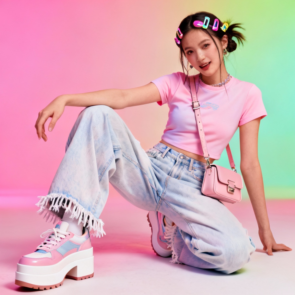 AI Y2K casual outfit with baby tee and baggy jeans