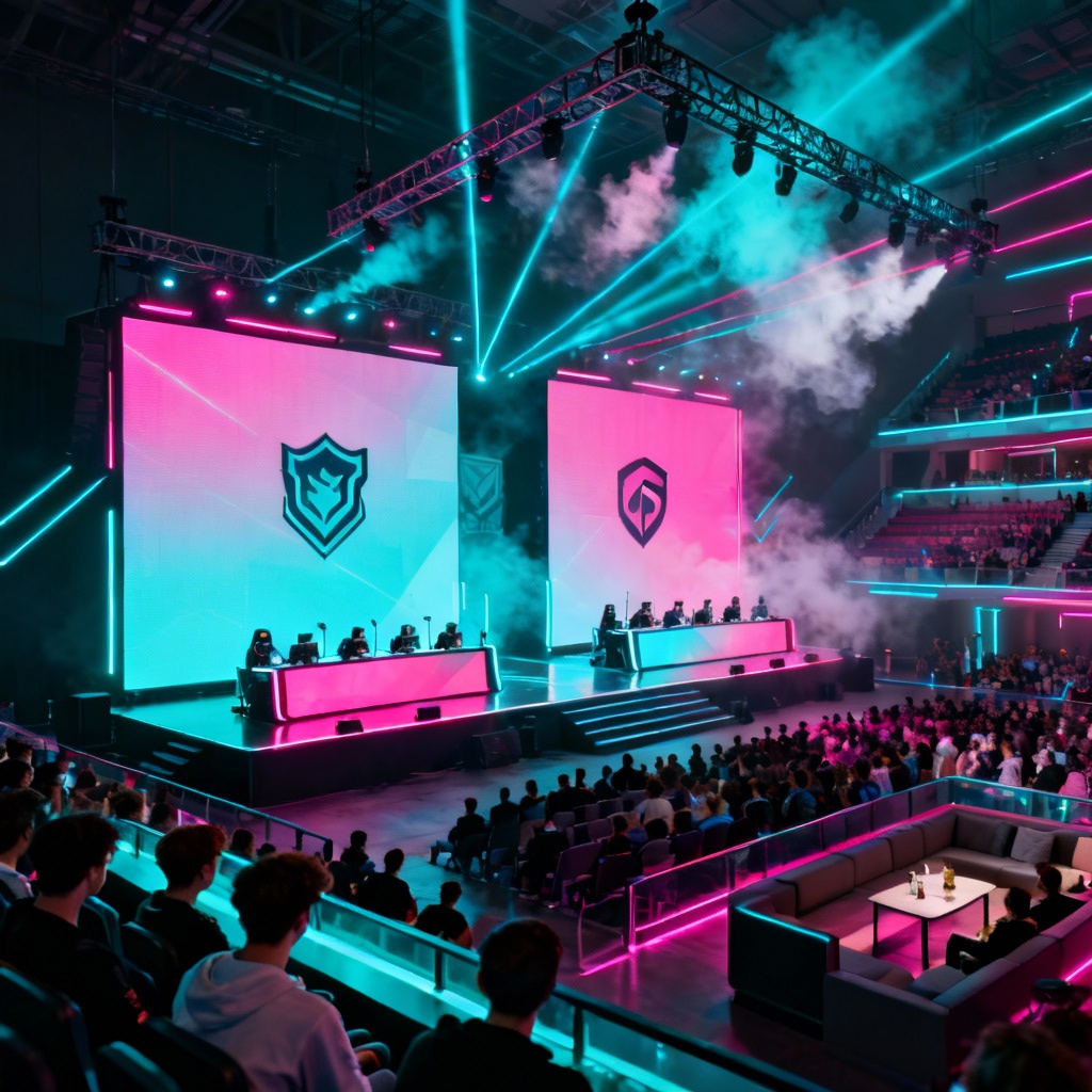 AI esports arena with neon lighting and stage screens