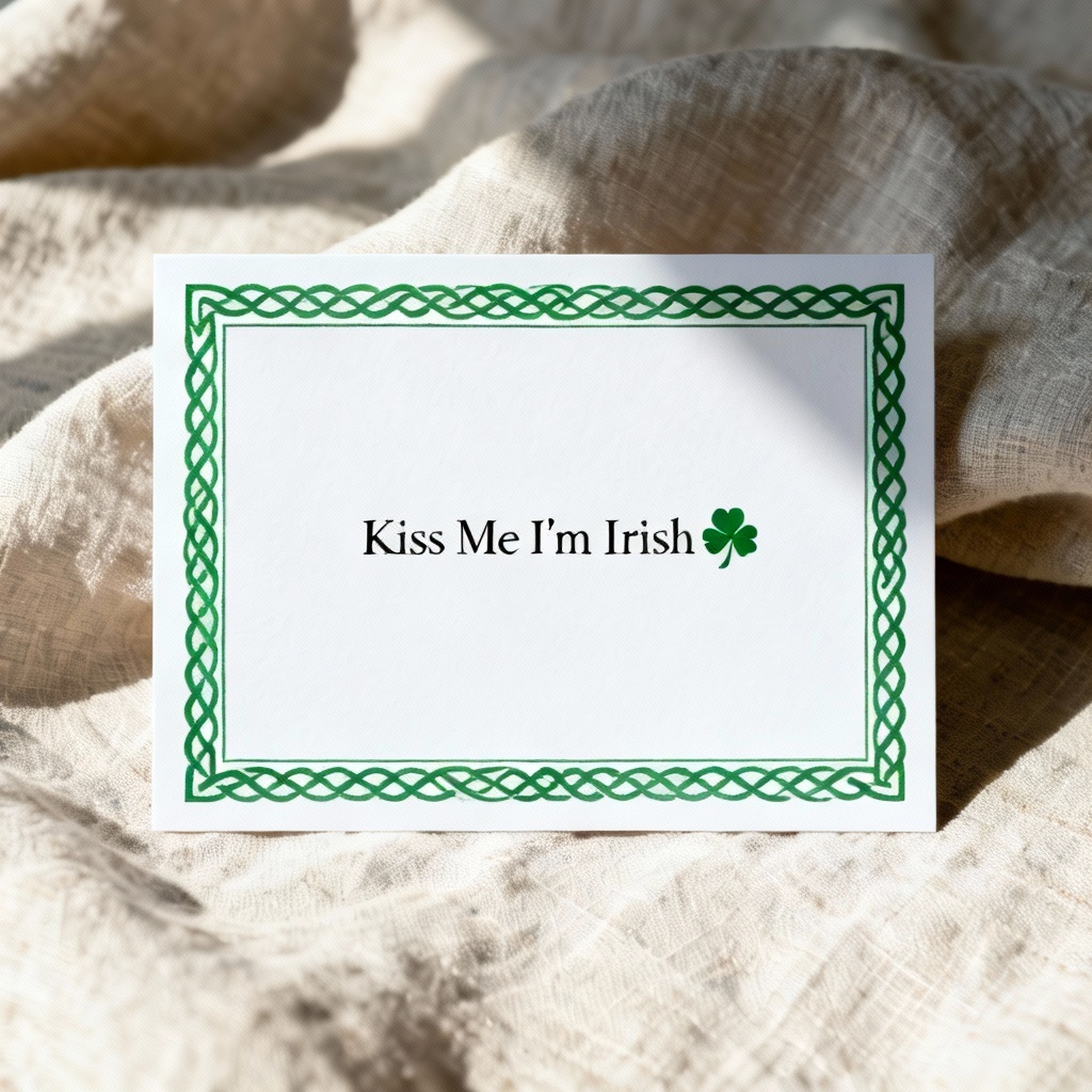 Minimal white Irish card with green Celtic knot border and clean text
